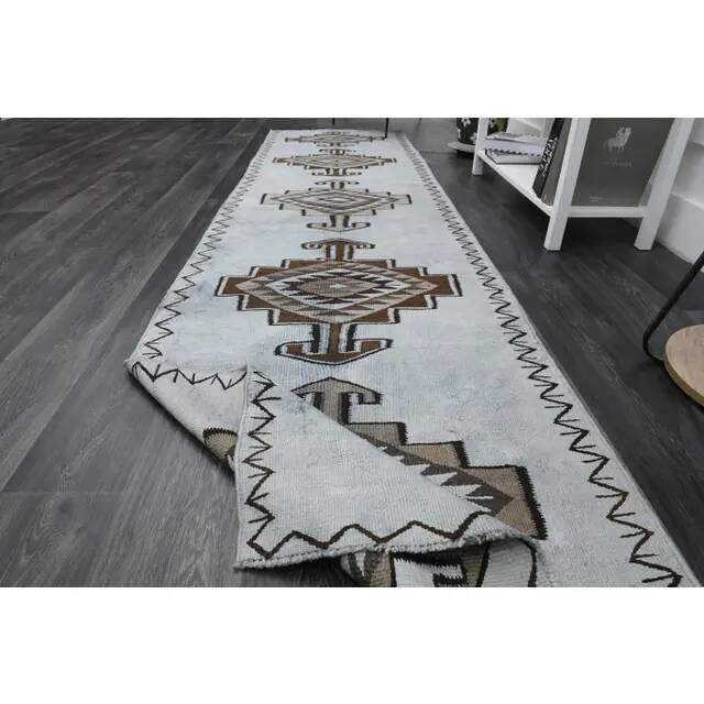 1970s Vintage Turkish Oushak Handmade Wool Cotton Blue Runner Rug 91x352