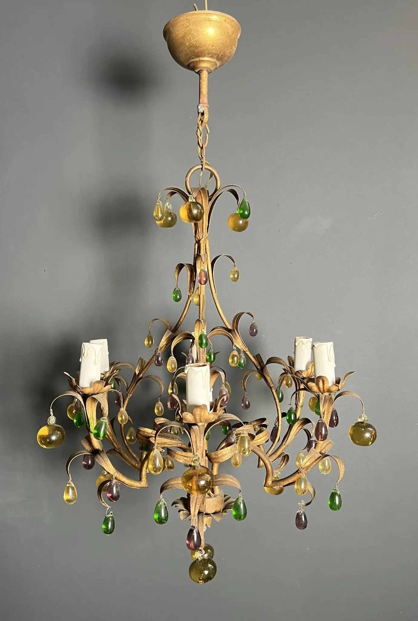 Golden Metal Cage with Leaf and Multi-Coloured Glass Fruit Decoration