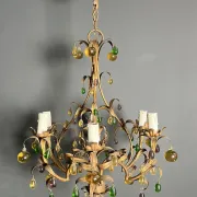 Golden Metal Cage with Leaf and Multi-Coloured Glass Fruit Decoration