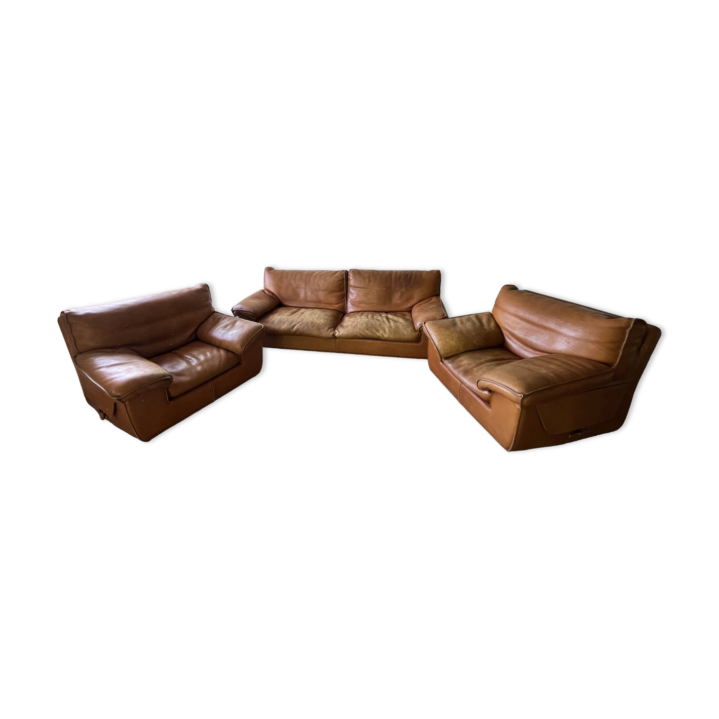 Salon cuir vintage Roche Bobois - Canapé + 2 fauteuils + pouf