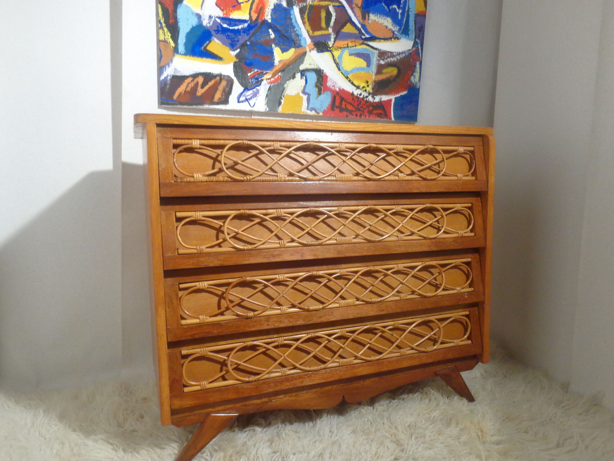 Chest of drawers wood and rattan Louis Sognot 1950 foot compass