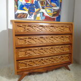 Chest of drawers wood and rattan Louis Sognot 1950 foot compass