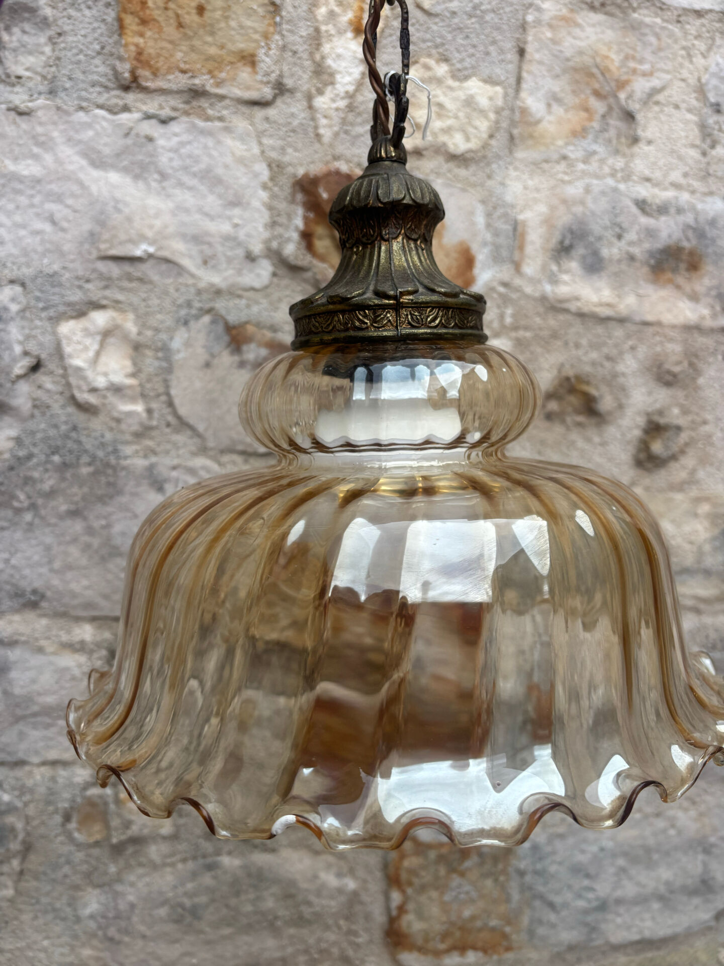 1970s Vintage Amber Glass Pendant Light