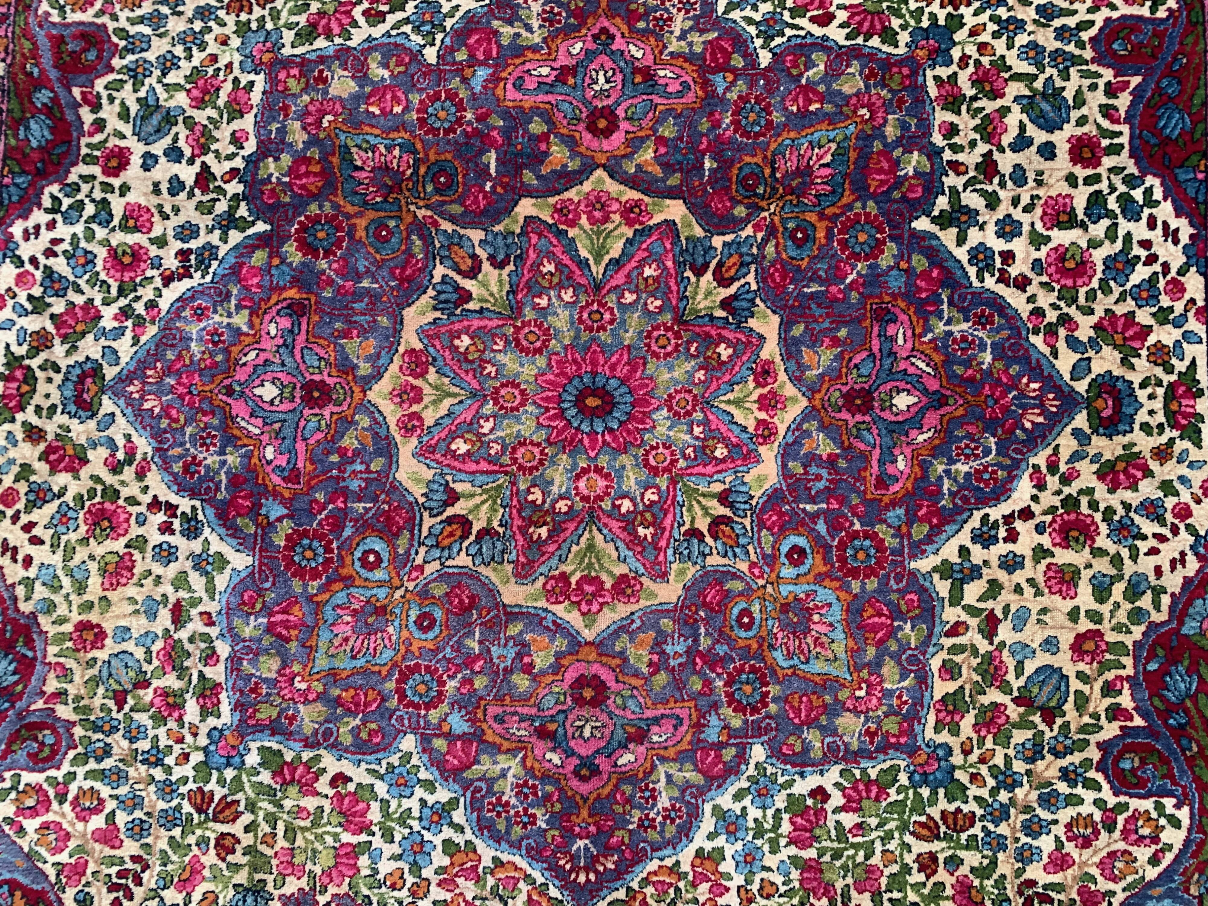 Antique tribal rug 332x240 cm wool oriental hand made carpet pink, purple, green
