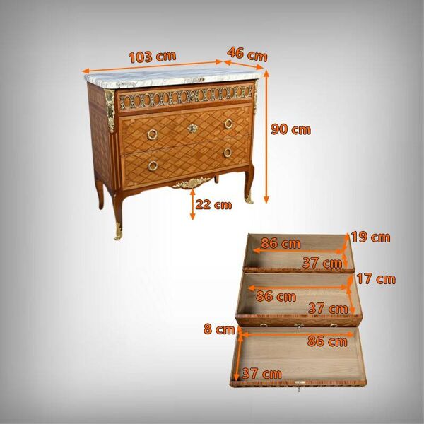 Commode Sauteuse en Marqueterie, style Transition Louis XV Louis XVI – Débu