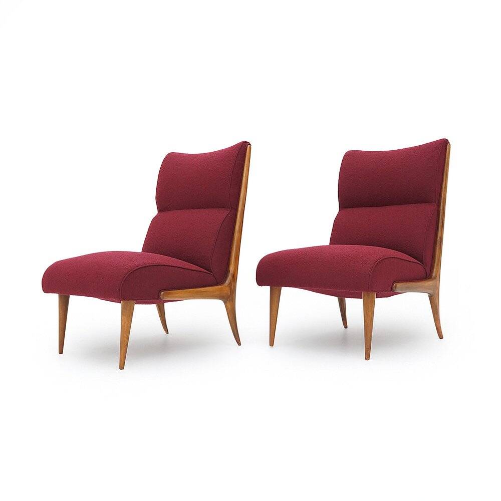 Set of wooden and boucle chairs, 1940s