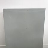 Three-drawer industrial grey metal filing cabinet with hanging backs