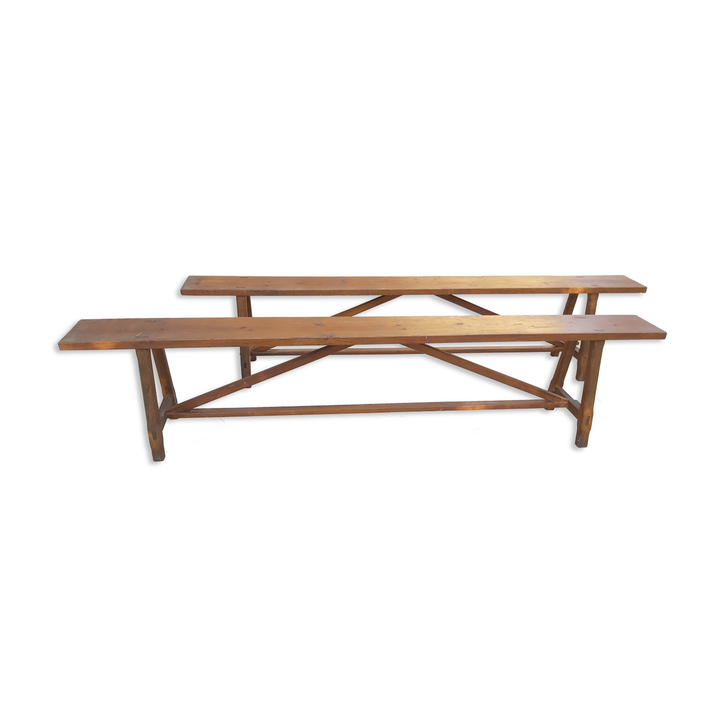 Former pair of pine benches 2m10