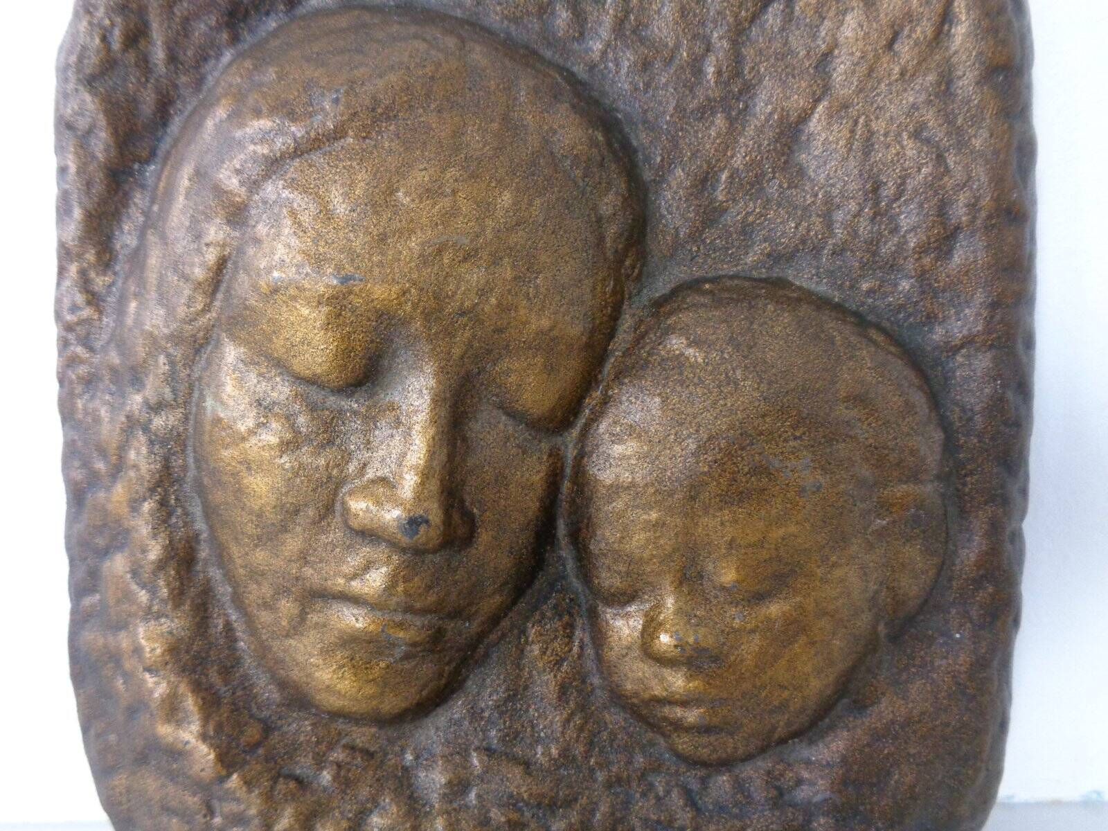 German bronze relief of mother with baby, 1940s.