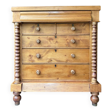 Support furniture, 6-drawer chest in turned pitch pine.