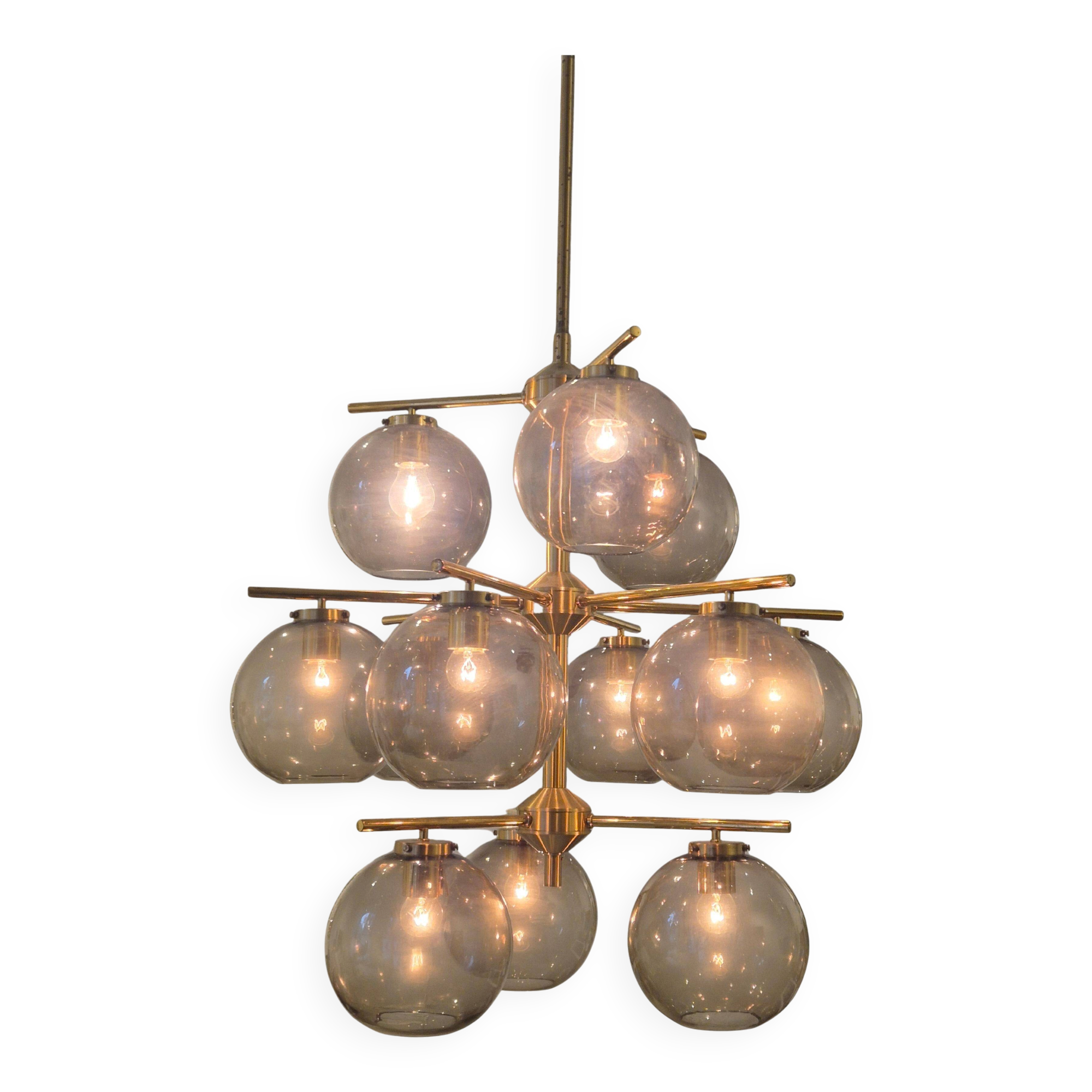 Holger Johansson, brass and grey glass chandelier, The Modern Scandinavian