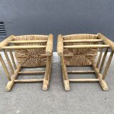 Set of 2 chairs in raw wood and straw from the 50s