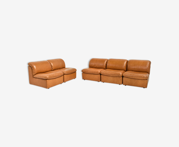 Canapé modulaire en cuir cognac des années 70