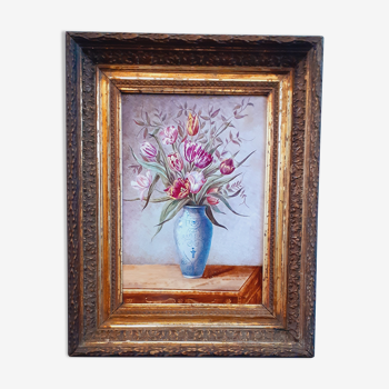 Peinture sur porcelaine Nature Morte "Bouquet de tulipes" XIX ème , Napoléon III