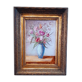 Peinture sur porcelaine Nature Morte "Bouquet de tulipes" XIX ème , Napoléon III
