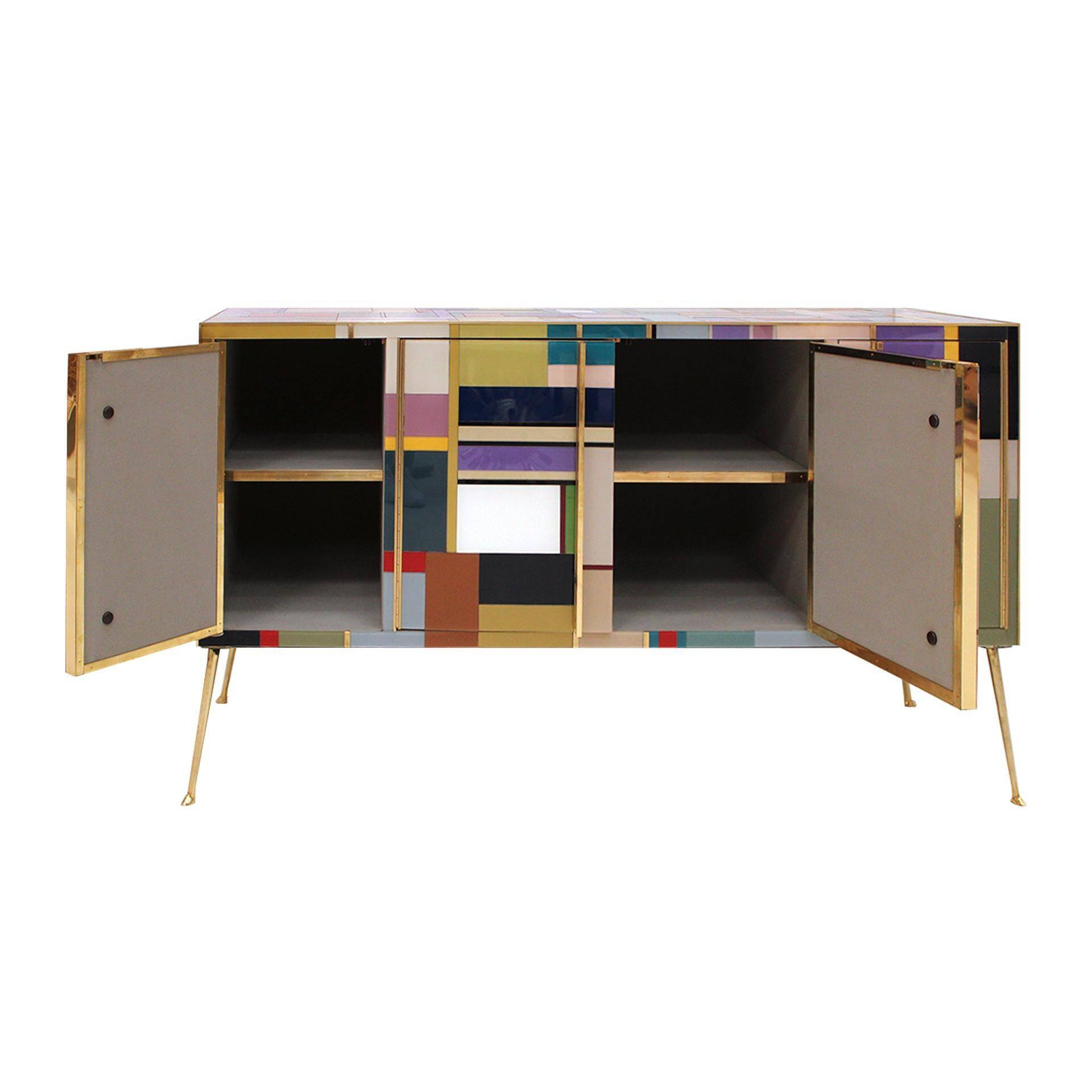 Mid-Century Style Sideboard, Newly Retrofitted in Colored Glass an Brass, Italy