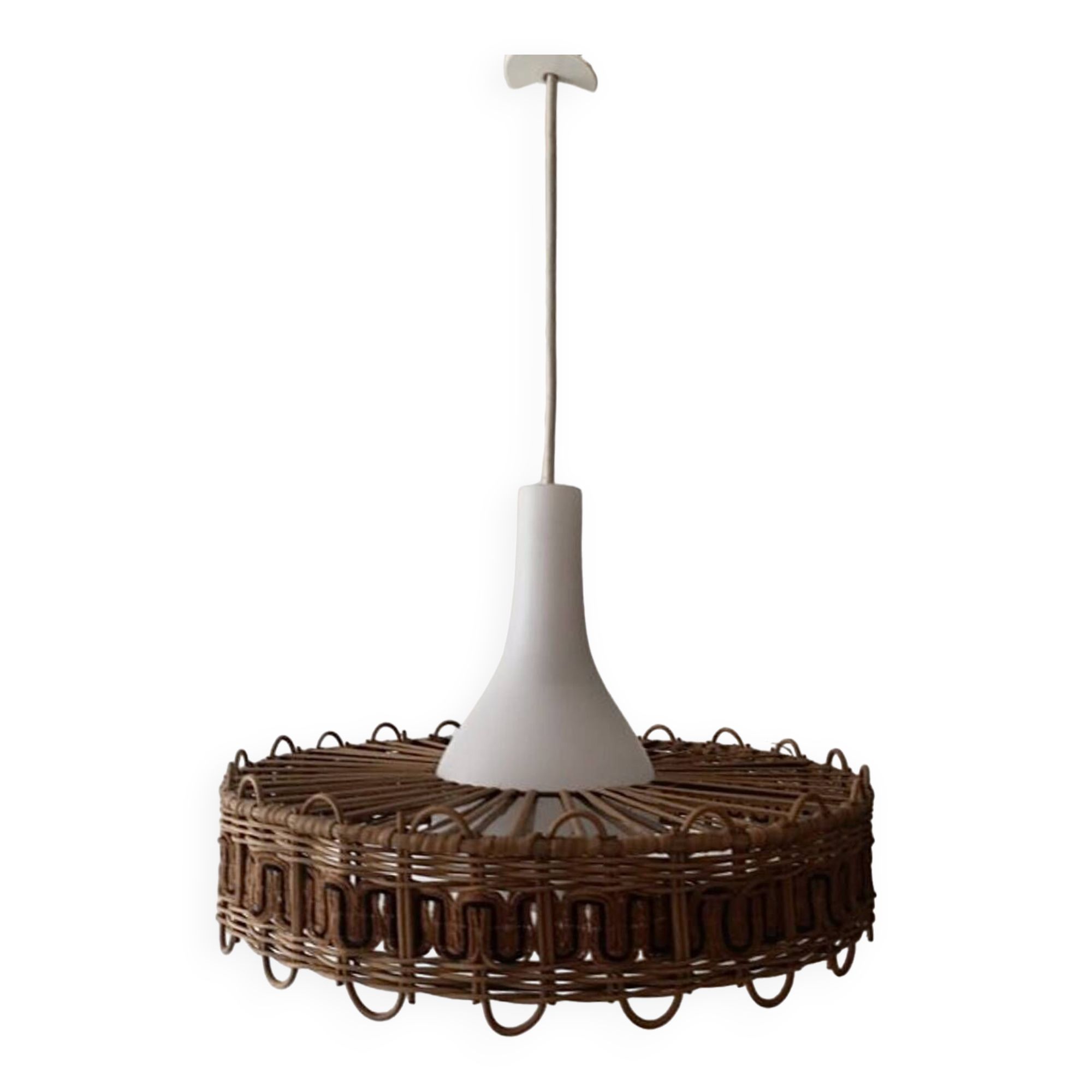 Scandinavian pendant light with rattan dial and opaline smoked glass, 1970