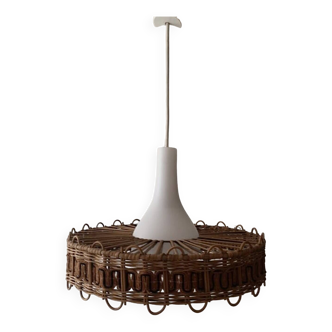 Scandinavian pendant light with rattan dial and opaline smoked glass, 1970