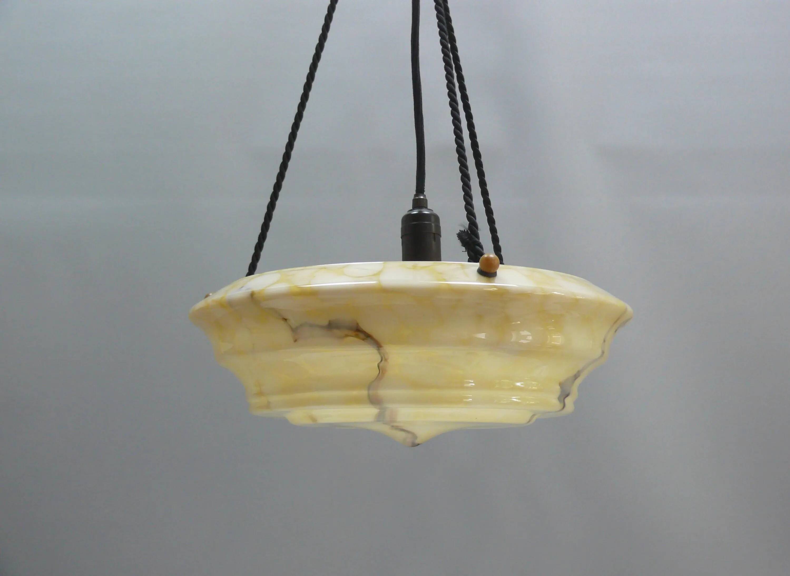Large Art Deco Glass Pendant Light, Marbled with Rope Suspension, 1920s - 1930s