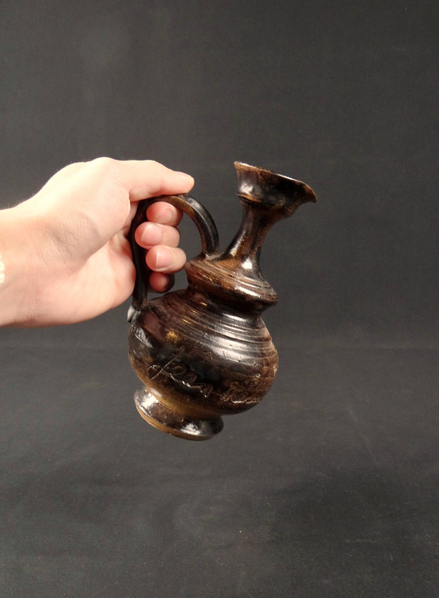 Vintage 1970s ceramic pitcher signed Jean Marais with chamotte glaze