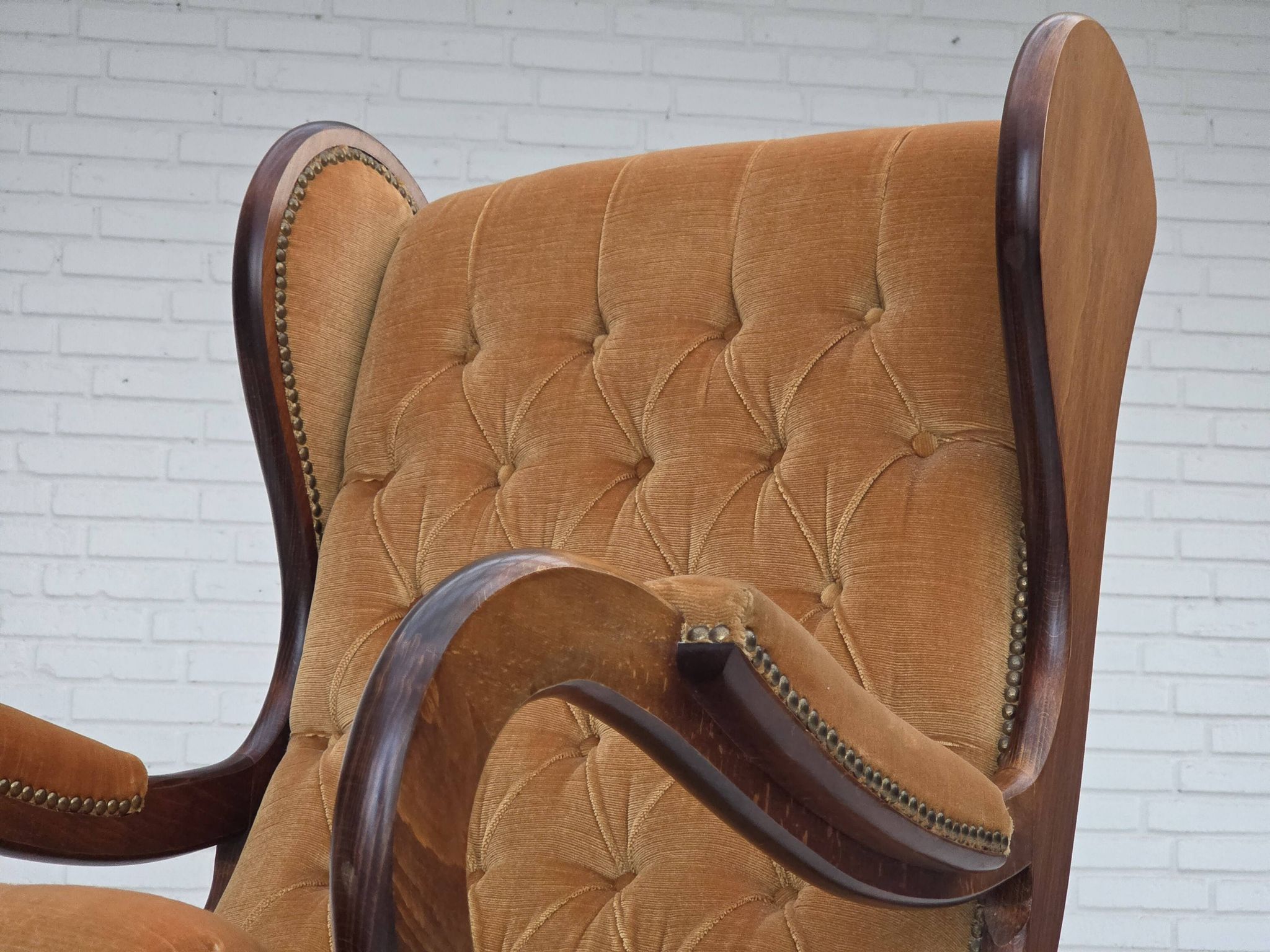 1960s, Scandinavian rocking chair, furniture velour, dark beech wood.