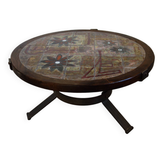 Table basse métal et céramique Vallauris, années 60