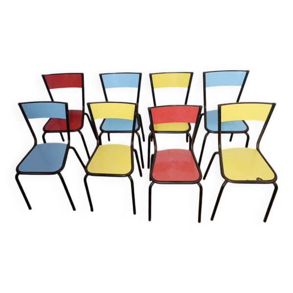 8 chaises de cantine formica jaune bleu rouge tubulure métal années 50-60