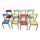 8 canteen chairs, yellow, blue, and red Formica with metal tubing from the 1950s-60s.