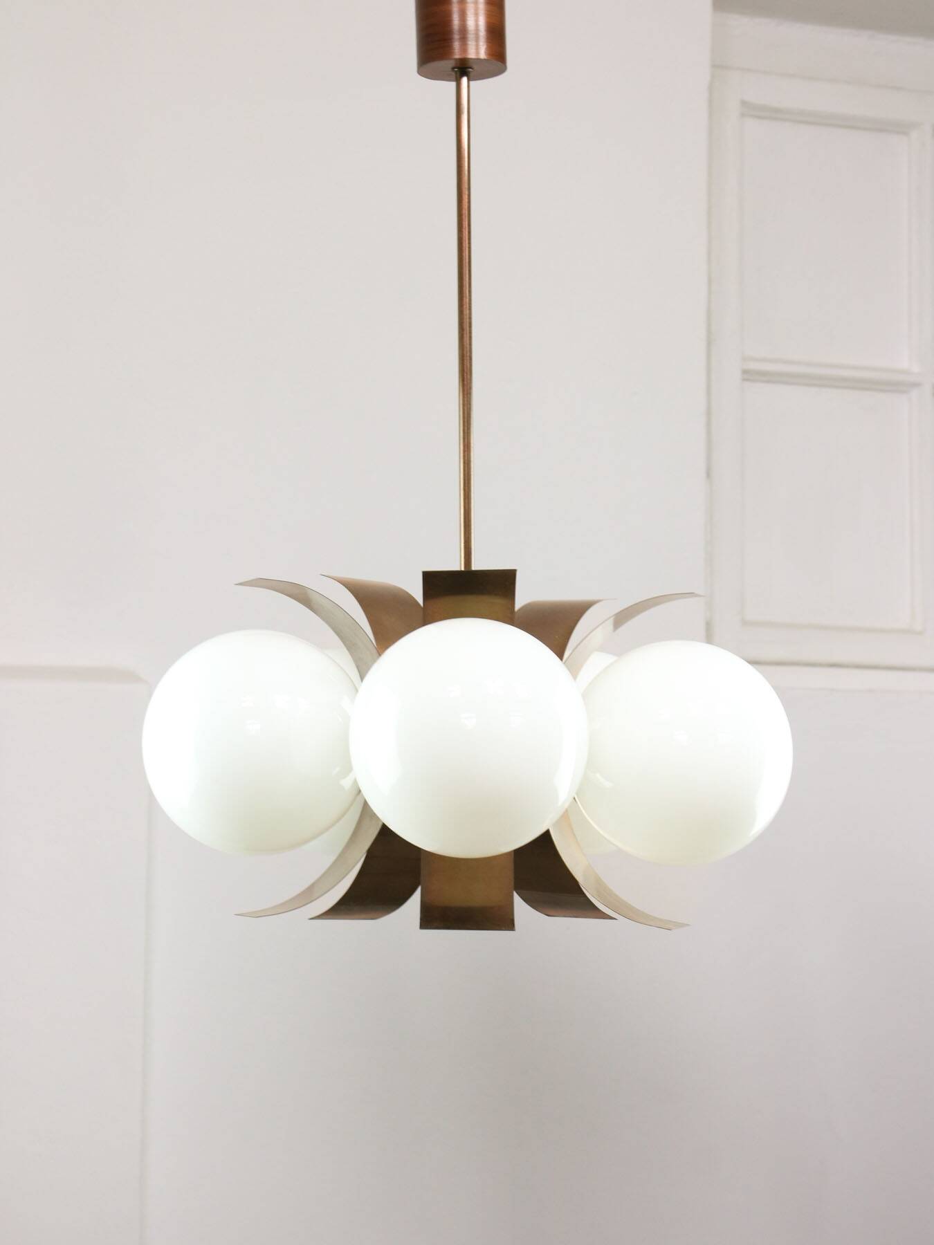 Vintage Italian Copper and Opaline Chandelier, 1970s