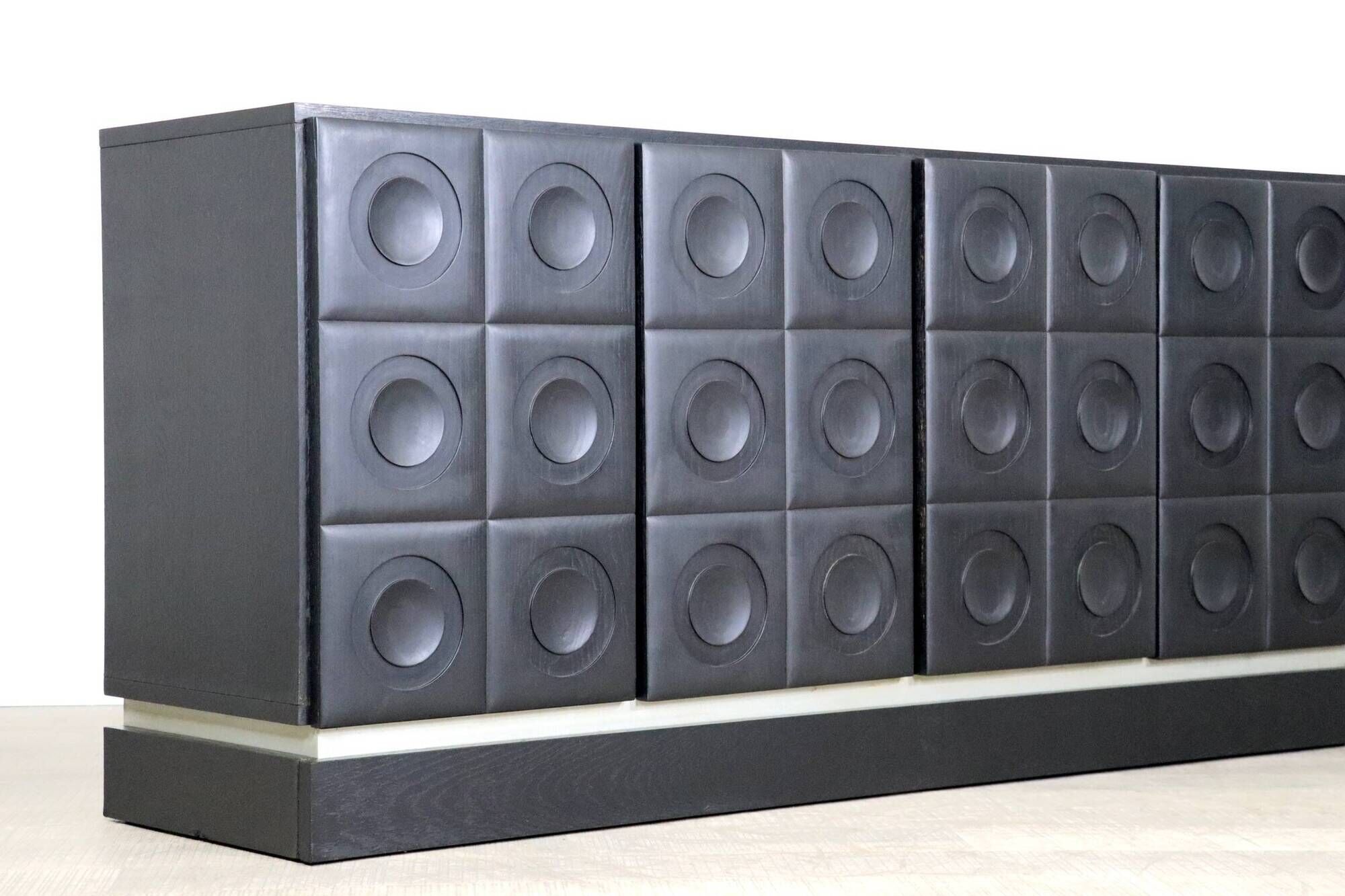 Midcentury Modern Brutalist Sideboard In Black Carved Wood And Chrome, Belgium, 1970s