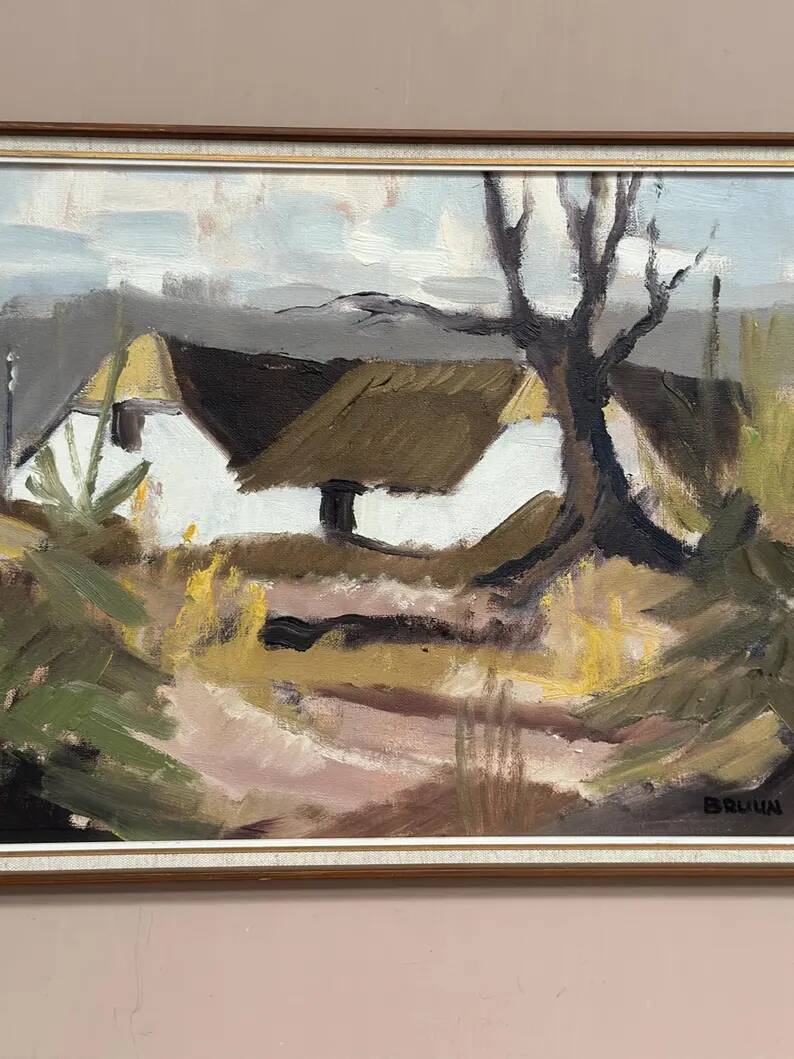 Original Swedish Oil on Canvas – "Farm" by Jörgen Bruun – Signed – Vintage and Framed – 41 × 31 cm (16.1" × 12.2")