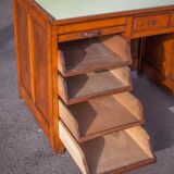 Wooden desk with curtains and sliding drawers, storage unit, vintage desk