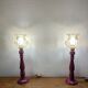 Lampes à poser vintage – Pieds bois repeints mauve brillant + globes a