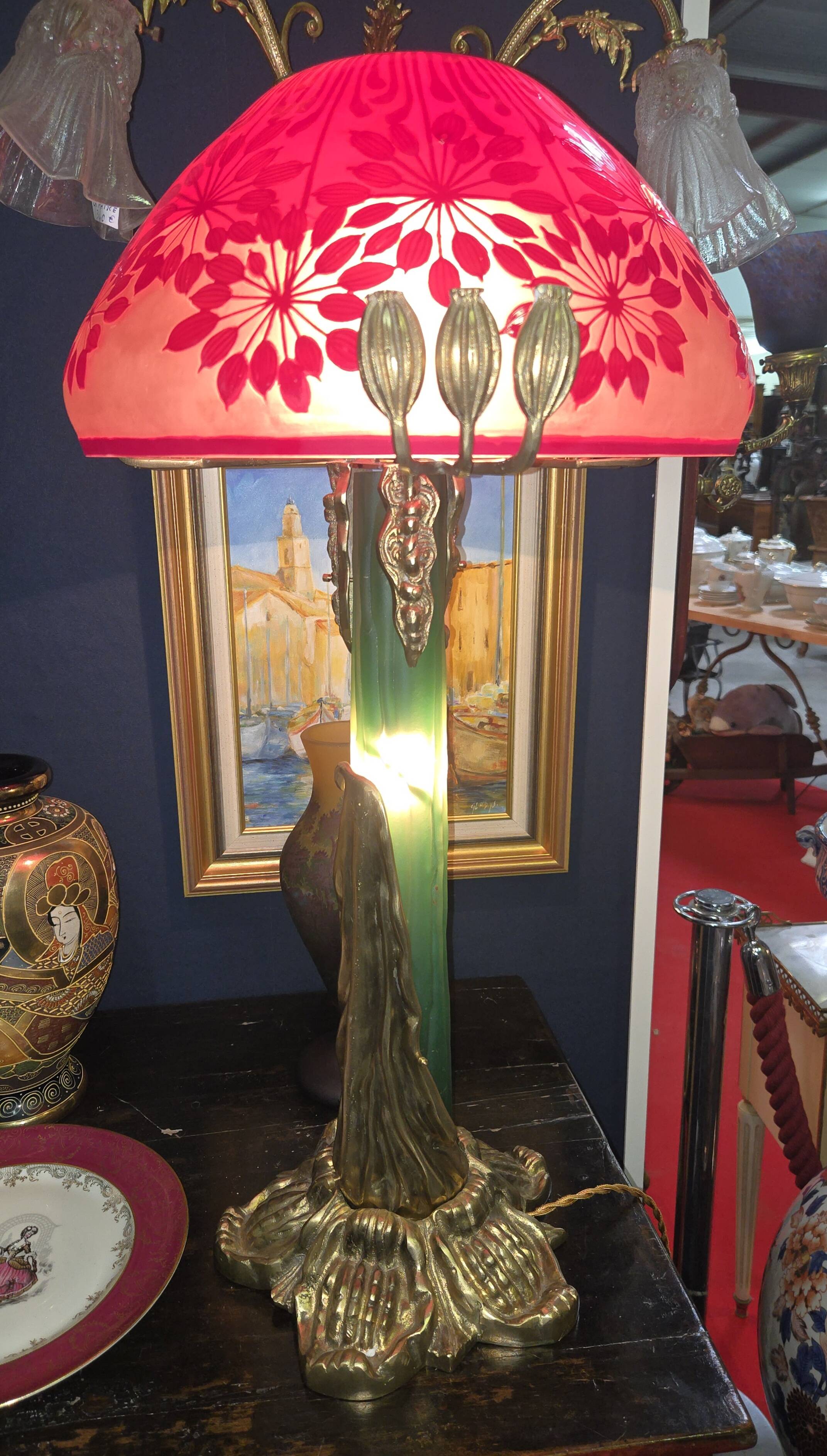 Grande lampe style Art Nouveau – pied en bronze et verre, abat-jour dégagé