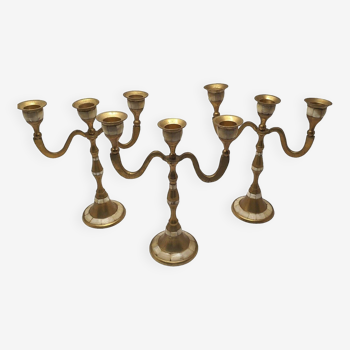 Set of 3-light brass candlesticks with mother-of-pearl intrusion