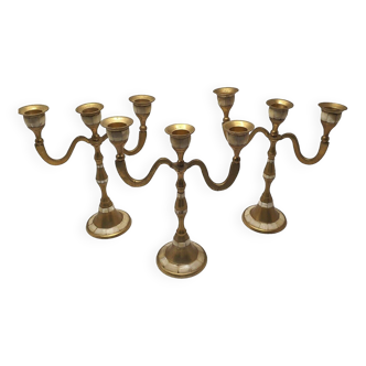 Set of 3-light brass candlesticks with mother-of-pearl intrusion