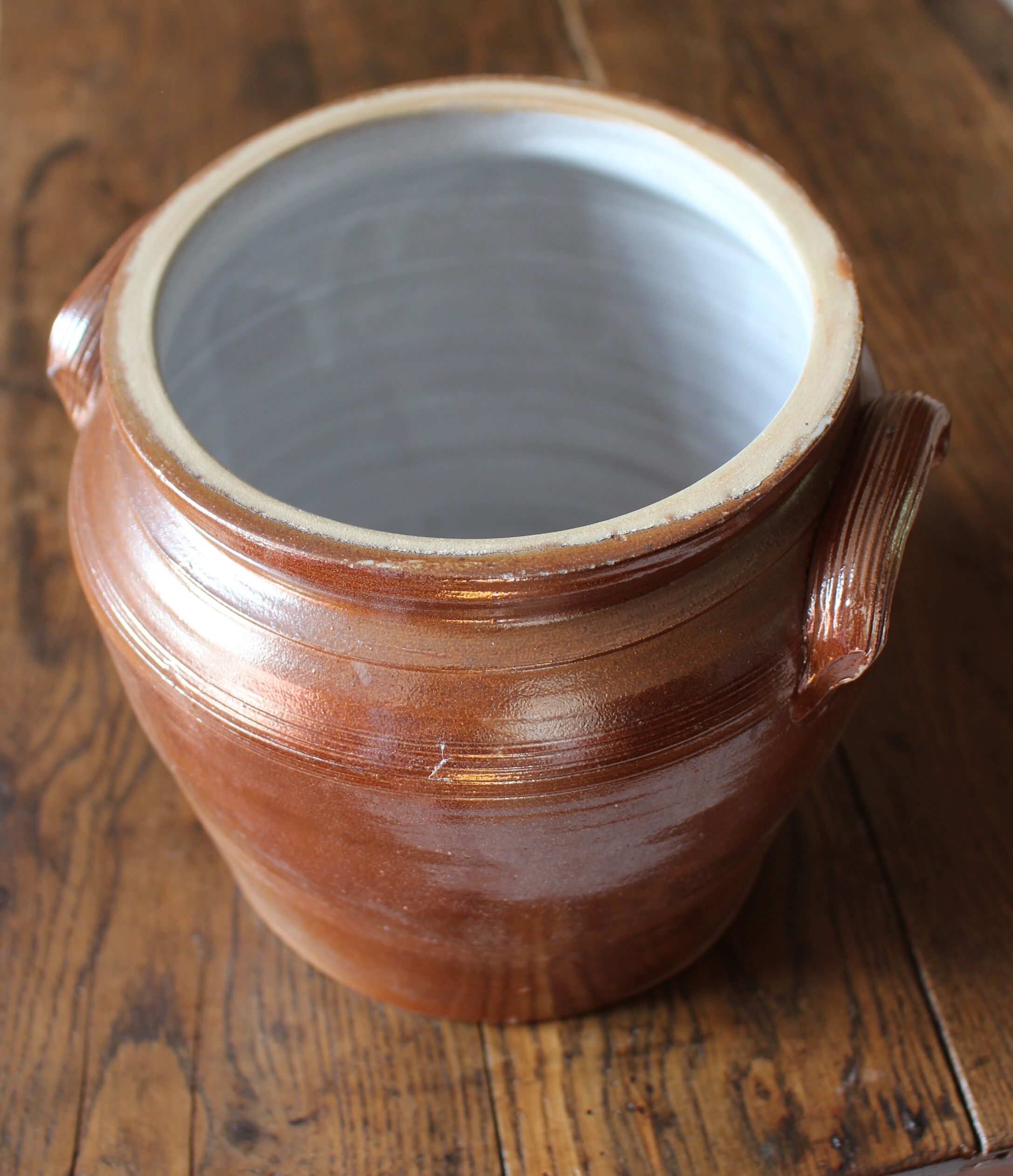 Brown terracotta pot two handles glazed interior
