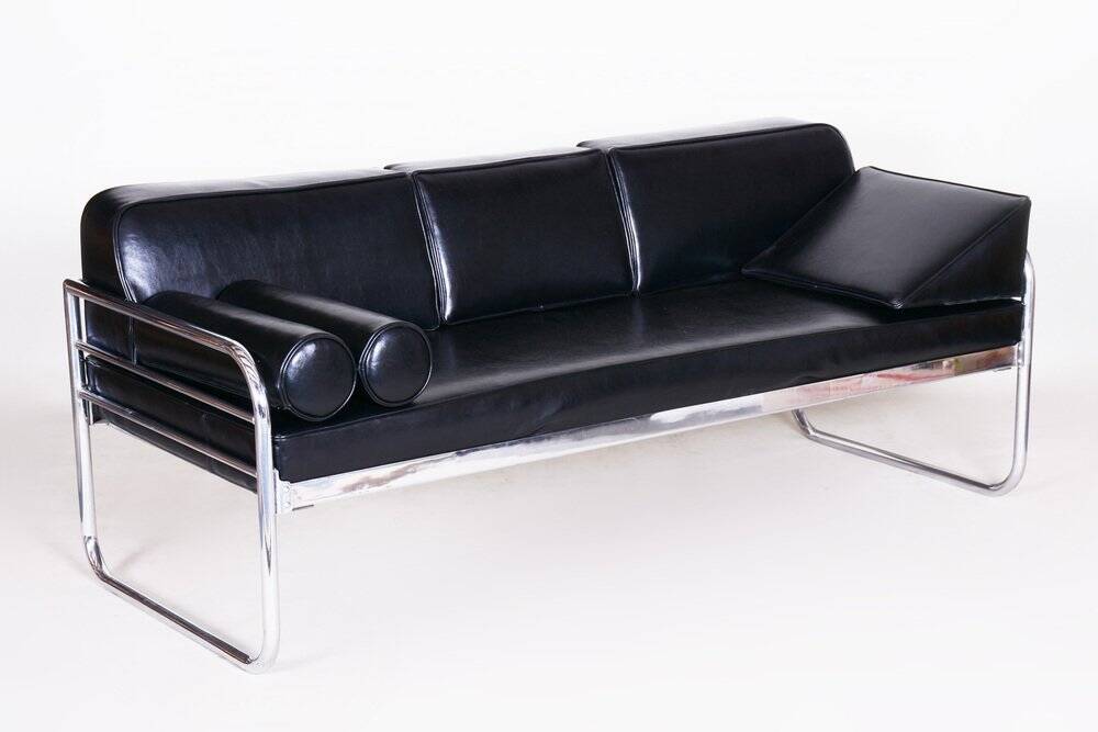 Sofa in Chrome-Plated Tubular Steel and Black Leather attributed to Hynek Gottwald, Former Czechoslovakia, 1930s