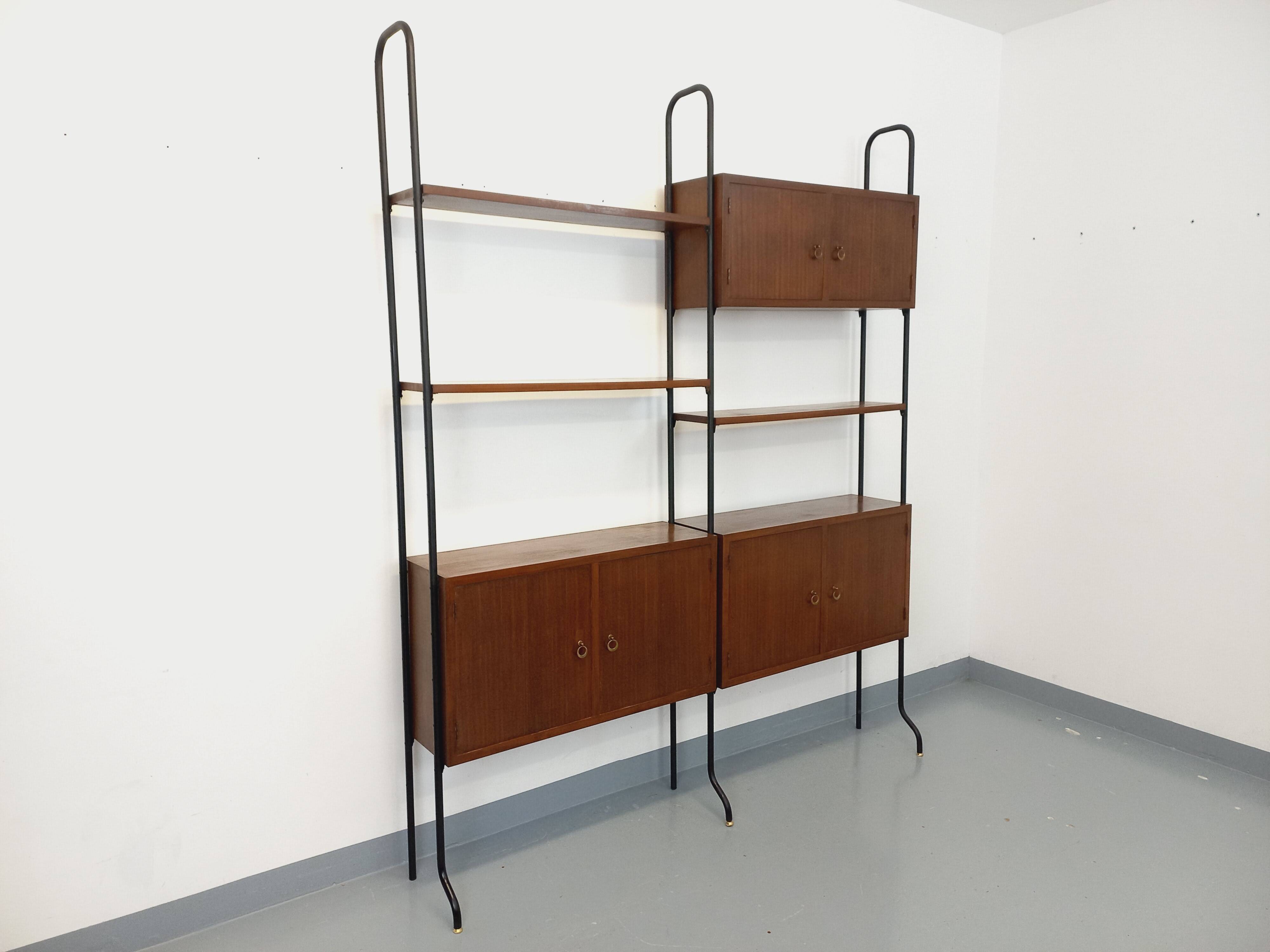 Vintage Italian double modular bookcase in wood and metal