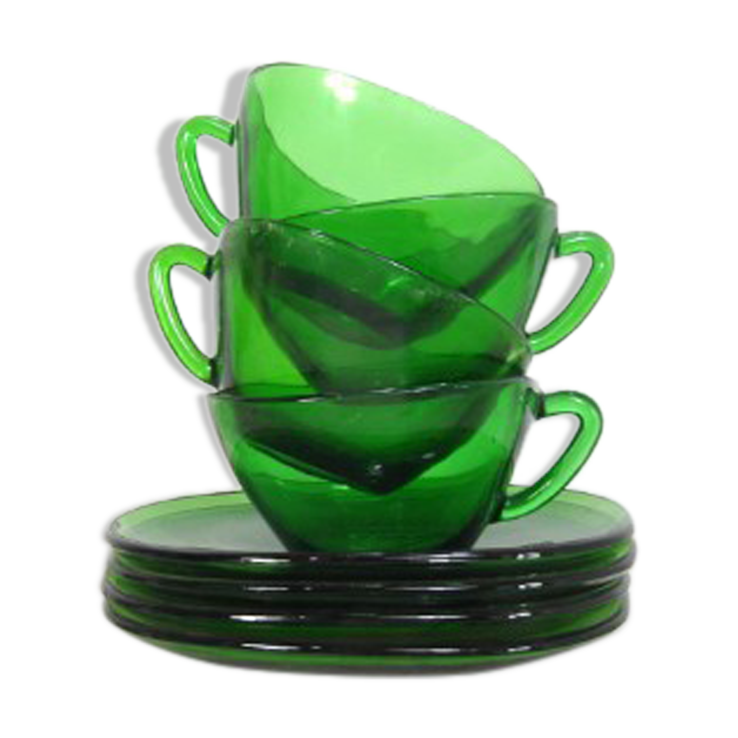 Set of 4 cups and saucers in Vereco green glass