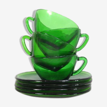 Ensemble de 4 tasses et soucoupes en verre vert Vereco