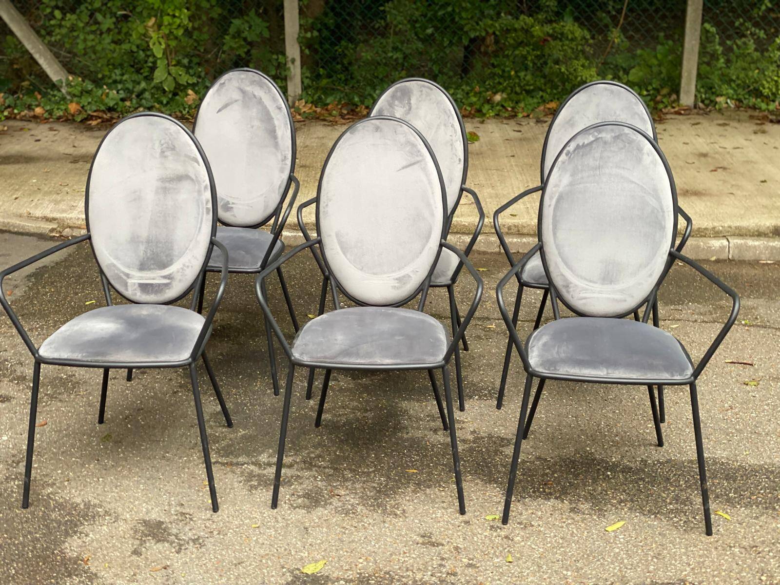 6 black and grey velvet medallion dining chairs with armrests