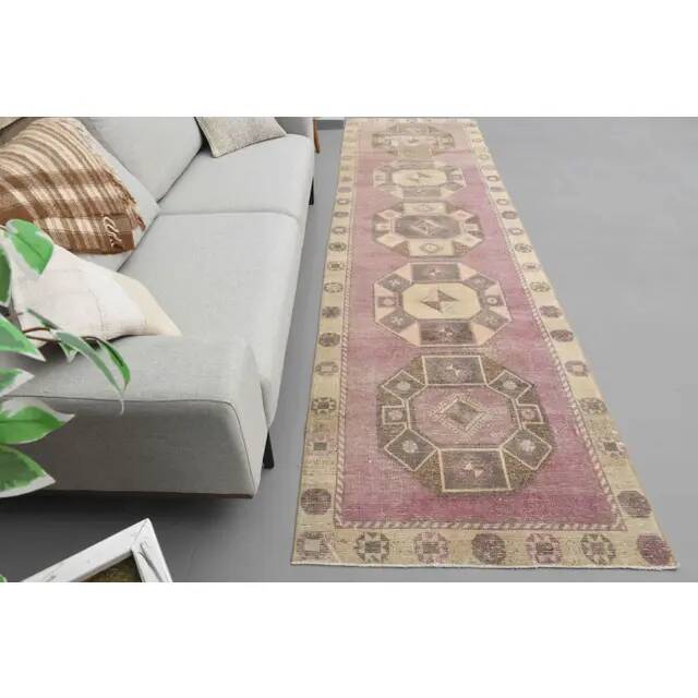 1970s Turkish Hand-Knotted Wool Cotton Pink Runner Rug 104x361