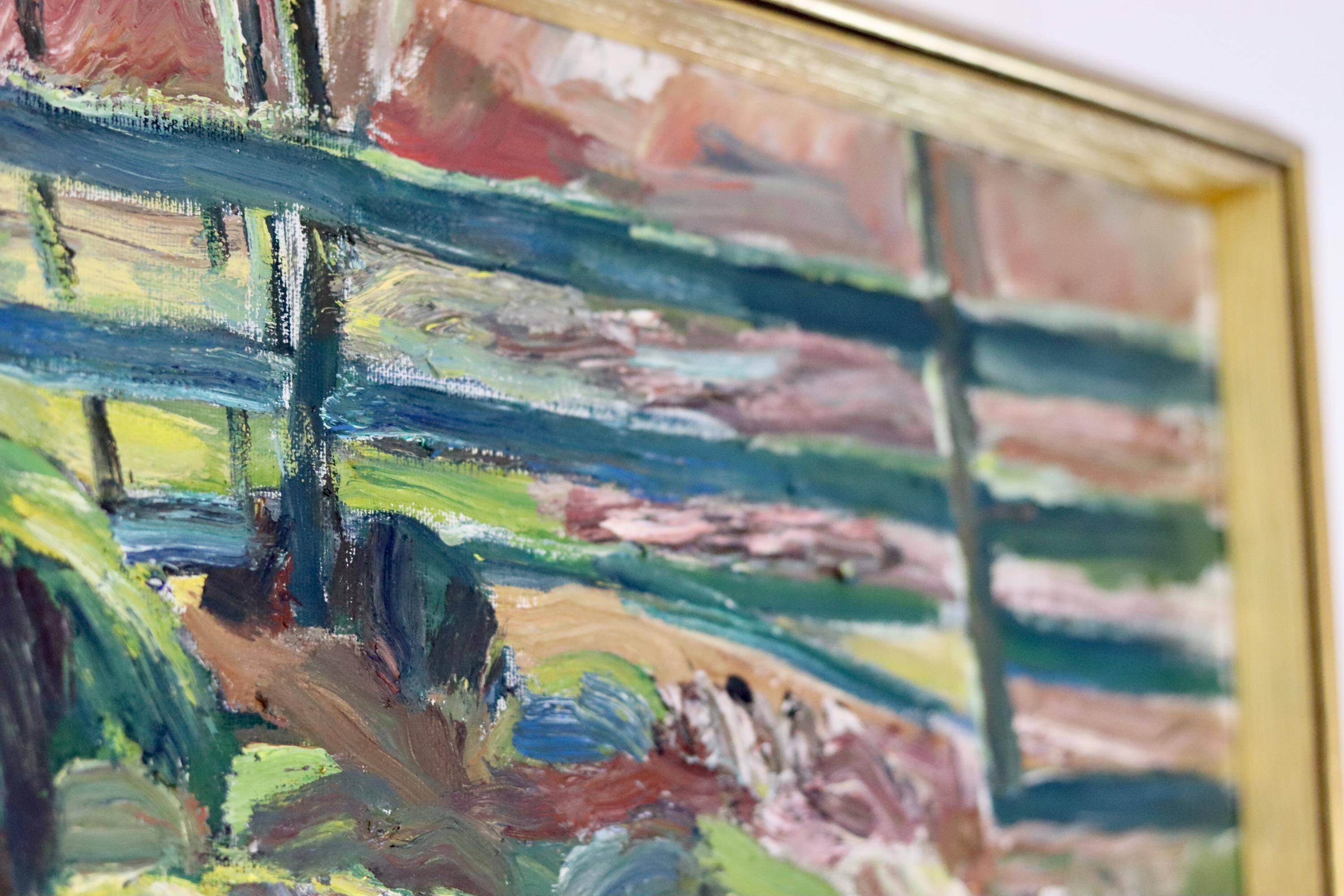 Original Swedish Mid-Century Oil on Canvas "By The Fence" by Gösta Asp (1907–1987)  - Vintage