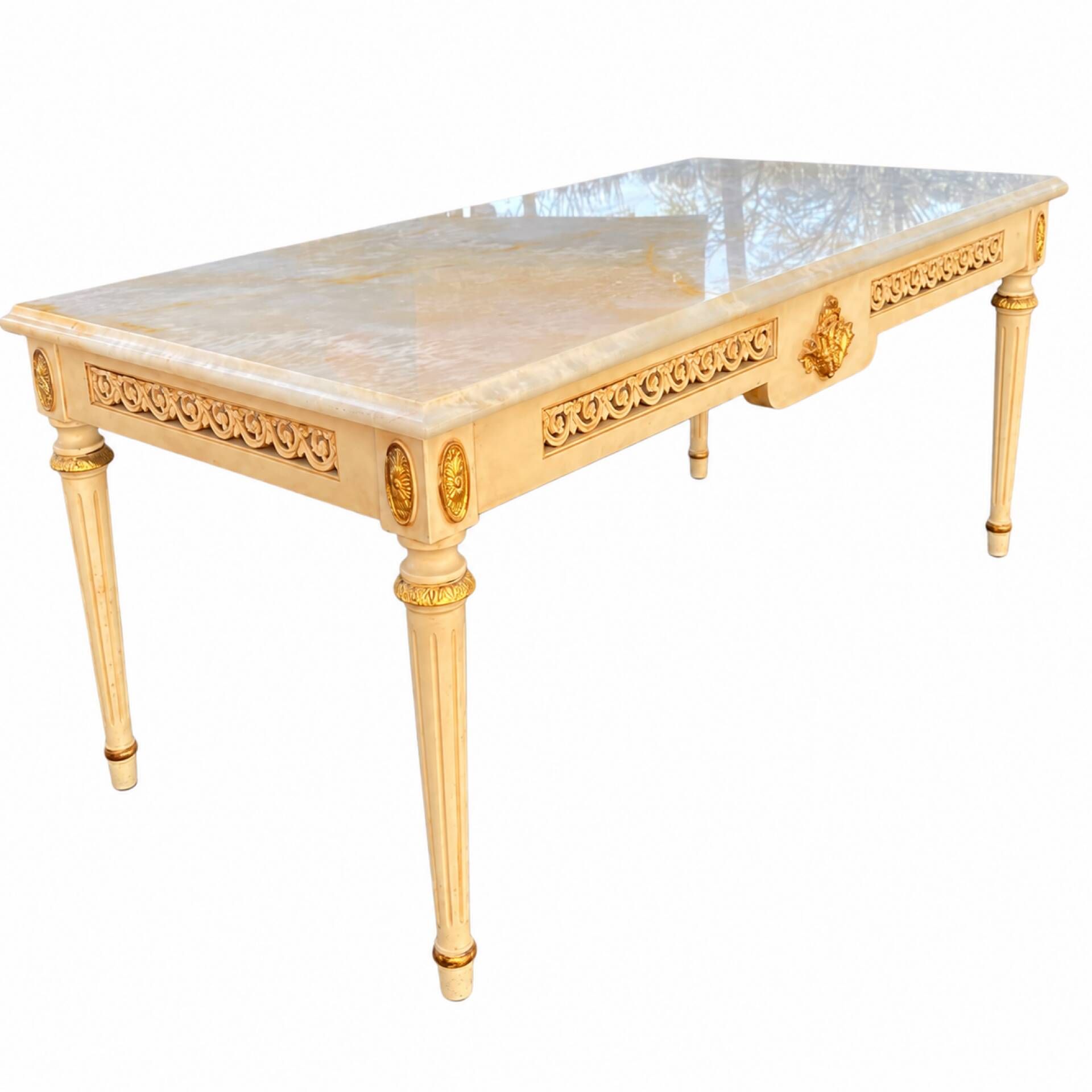 Louis XVI style coffee table in patinated and gilded wood, marble top.