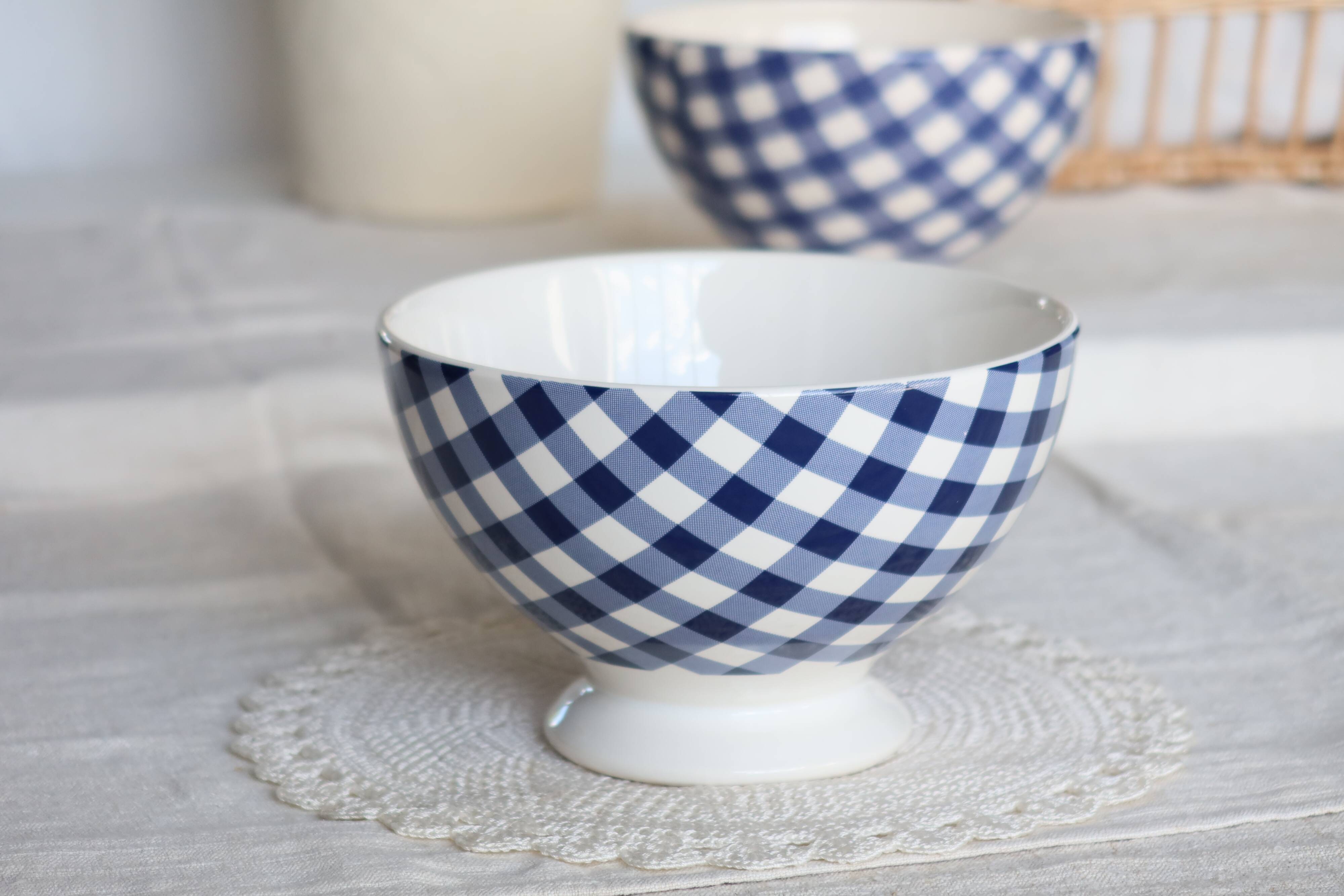 Large vintage white earthenware bowl with blue gingham pattern