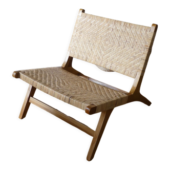 Teak and natural rattan armchair