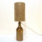 Vintage lamp in beige brown pyrite stoneware with raffia rope shade 1970
