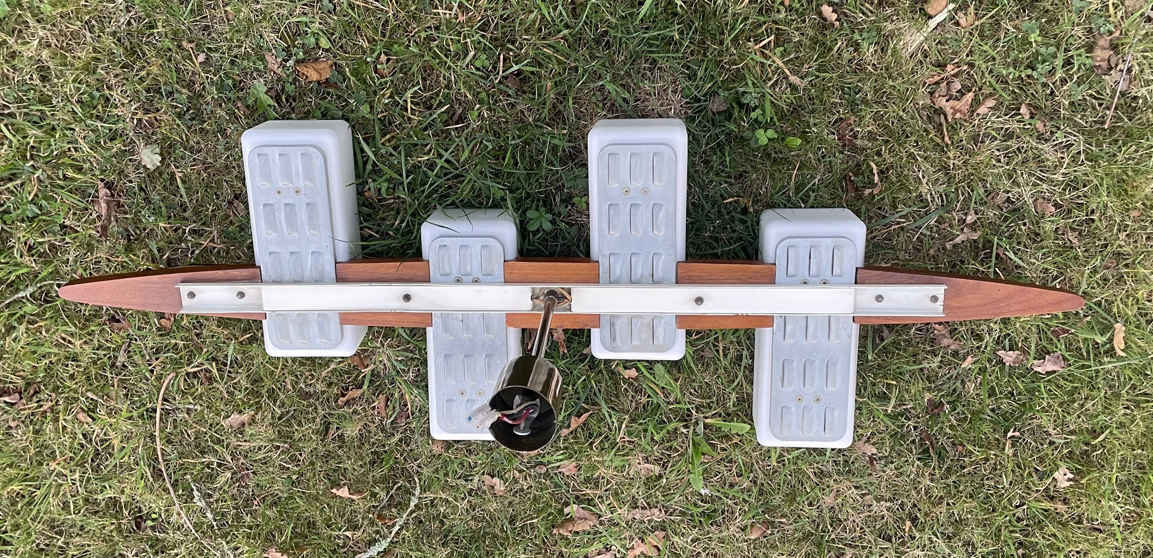 Scandinavian chandelier, brass, precious wood, 4 lights, shuttle 102 x 35 x 9 cm