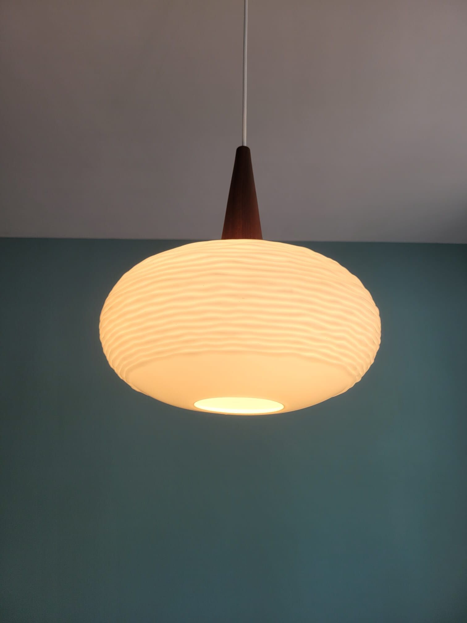 Scandinavian suspension in opaline and teak, 60s